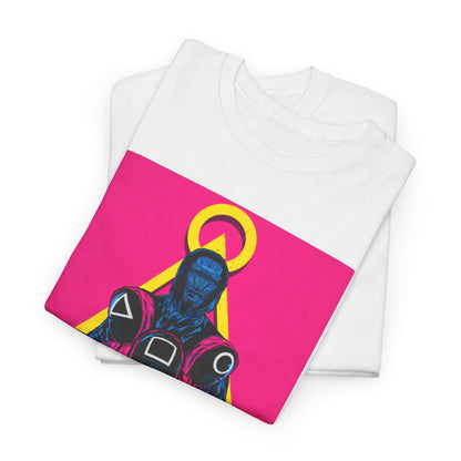 Squid Game Unisex Men's Women's Graphic Cotton Funny T-Shirt Tee featuring vibrant design of a character with geometric shapes, ideal for street urban fashion.