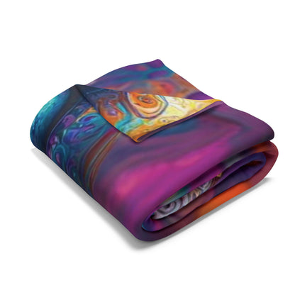 Luxurious Decorative and Warm Halloween Skellington Spooky Arctic Fleece Blanket folded elegantly, showcasing a vibrant and colourful design, perfect for adding a festive touch to any setting.