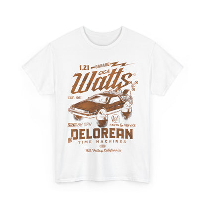 Delorean Back to the Future Graphic T-Shirt showcasing a vintage design with the iconic Delorean time machine, crafted from premium cotton for an urban unisex style. Perfect for fans of classic cinema.