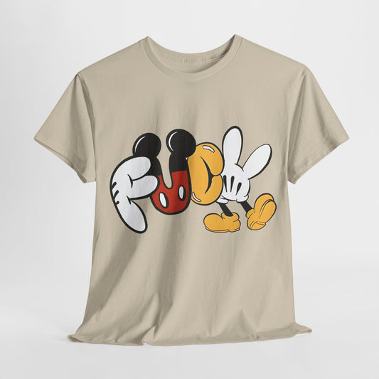 Mickey's Rebellion F**K Graphic T-Shirt in beige, showcasing a striking blend of nostalgia and audacity with Mickey Mouse-inspired graphics. Urban unisex cotton tee for those embracing uniqueness.
