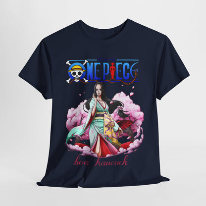 Elegant display of a navy blue t-shirt showcasing a striking 'One Piece' graphic of Boa Hancock surrounded by cherry blossoms, ideal for stylish anime apparel.