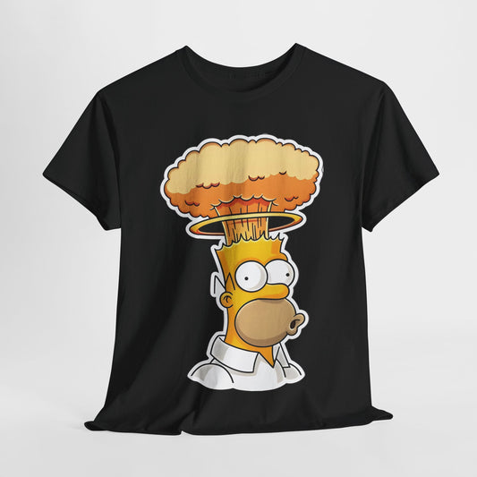 Homer Mind Blown Graphic T-Shirt Urban Unisex Cotton Tee showcased in elegant black, highlighting the iconic Homer Simpson artwork alongside a striking mushroom cloud graphic.