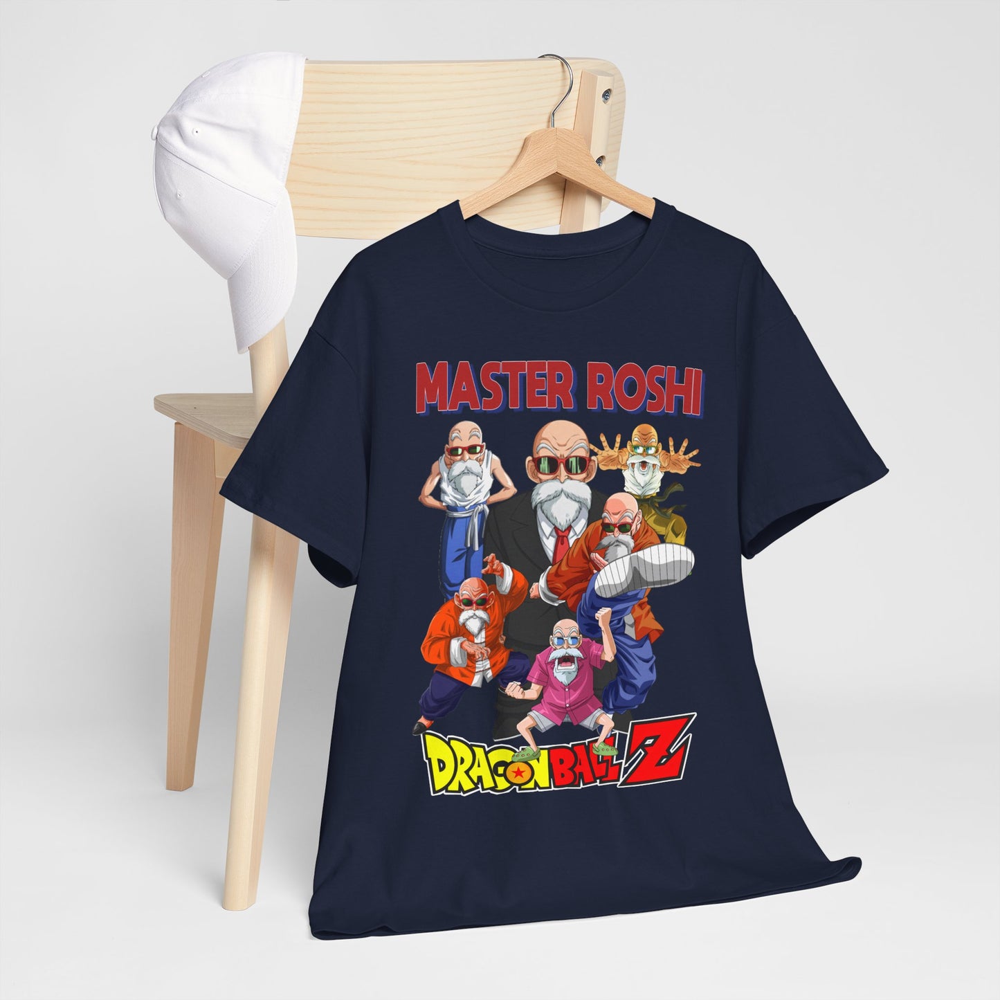 Chic Dragon Ball Z Master Roshi T-shirt displayed on a hanger alongside a stylish cap, emphasising a fashionable anime-inspired look.