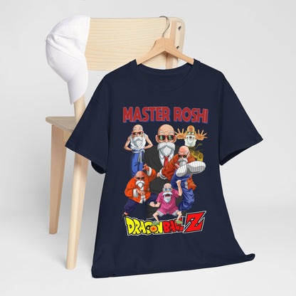 Chic Dragon Ball Z Master Roshi T-shirt displayed on a hanger alongside a stylish cap, emphasising a fashionable anime-inspired look.