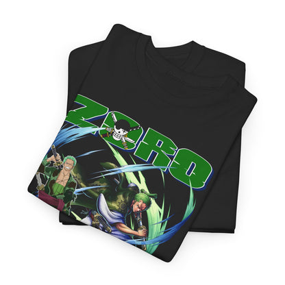Luxurious black One Piece t-shirt showcasing prominent anime characters Zoro and crew, perfectly folded for a sophisticated presentation.