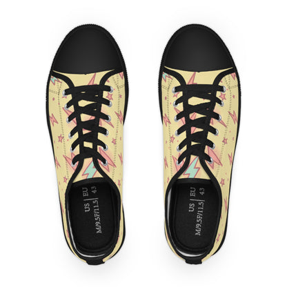 Close-up view of the Zara Thunderstrike Lowtop Sneakers showcasing the unique cream base and pastel pink lightning bolt design, perfect for fashion enthusiasts by Printify.