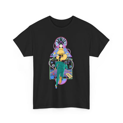 Elegant black cotton T-shirt showcasing striking graphic design themed around a survival game, beautifully illustrating dynamic movement, perfect for individuals seeking a statement piece in their wardrobe.