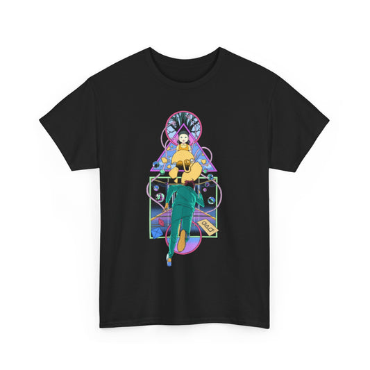 Elegant black cotton T-shirt showcasing striking graphic design themed around a survival game, beautifully illustrating dynamic movement, perfect for individuals seeking a statement piece in their wardrobe.