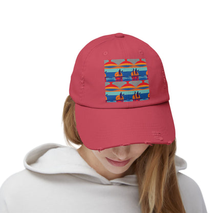 Unisex Distressed Cap featuring fantasy paddleboarding scene - a fashionable red cap adorned with vibrant paddleboarding graphics, ideal for those who cherish adventure.