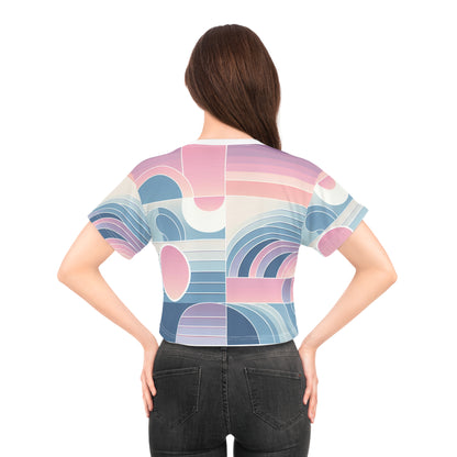Celeste Rutherford Trendsetter Pastel Gradient Crop T-Shirt from Dazzling Dreams Studio featuring a luxurious silk-soft polyester fabric and unique pastel design transitioning from pink to purple and blue.
