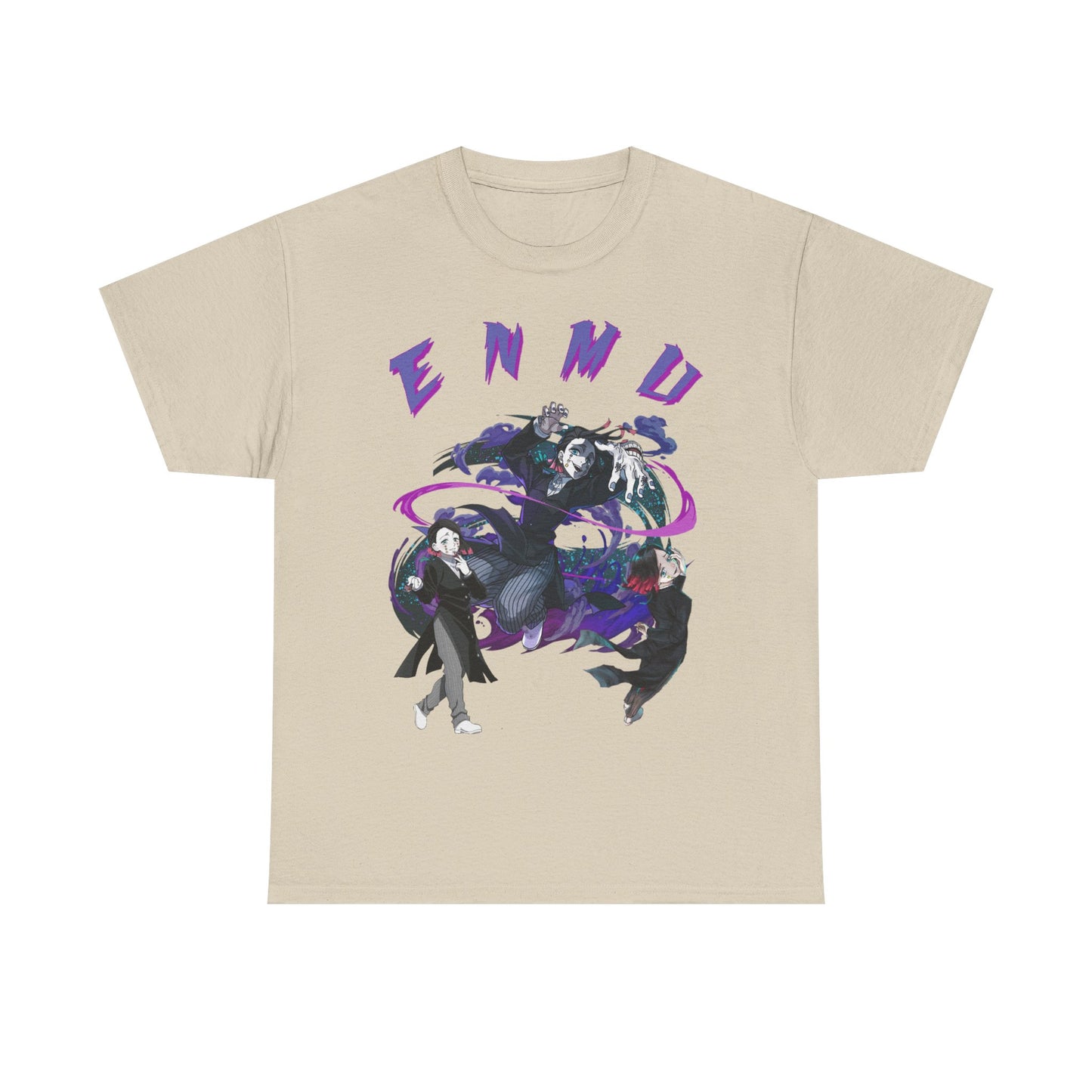 Exquisite Enmu-inspired graphic T-shirt in beige, featuring dynamic illustrations of powerful characters from the Demon Slayer universe, set against a vibrant abstract backdrop with the word 'ENMU' emblazoned in bold purple.