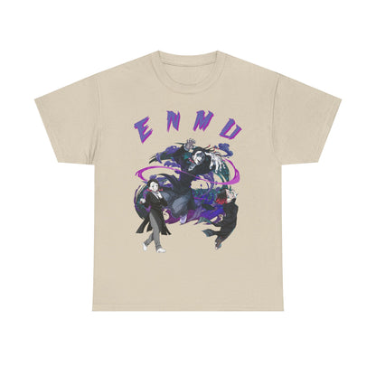 Exquisite Enmu-inspired graphic T-shirt in beige, featuring dynamic illustrations of powerful characters from the Demon Slayer universe, set against a vibrant abstract backdrop with the word 'ENMU' emblazoned in bold purple.