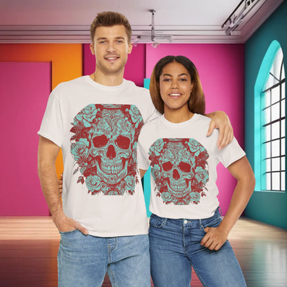 Model couple wearing the Skulls and Roses Cotton Tee, symbolising inclusivity in fashion with its unisex fit, perfect for making a bold style statement.