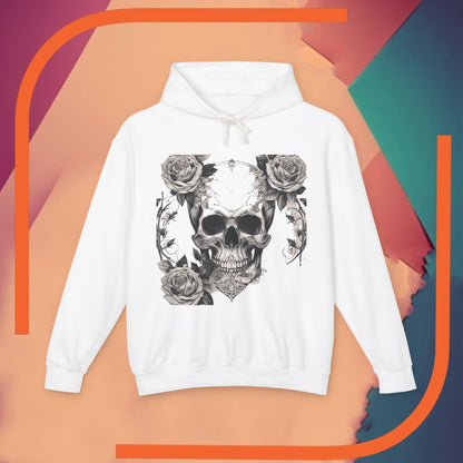 Elegant Unisex Lightweight Hooded Sweatshirt in white, showcasing a striking skull and roses design, ideal for making a bold fashion statement.