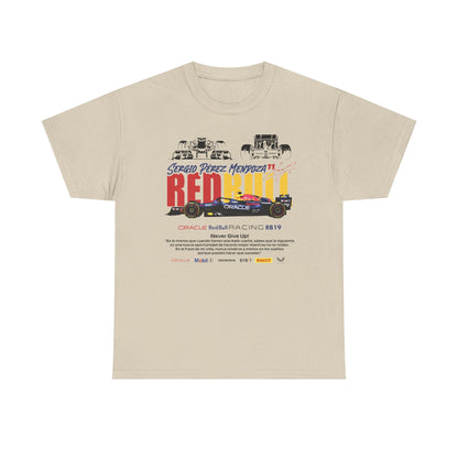 Stylish beige men's t-shirt featuring the Red Bull Racing RB19, highlighting Sergio Pérez's name alongside the motivational phrase 'Never Give Up!' in an eye-catching graphic.