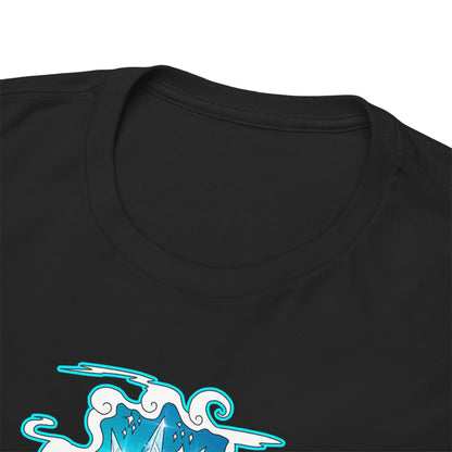 Detailed close-up of the neckline of a luxurious T-shirt featuring a captivating marine anime illustration, designed for comfort and aesthetics.