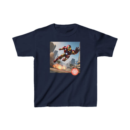 Luxurious Kids Iron Man Printed Heavy Duty T-Shirt featuring vibrant Iron Man design, perfect for young superheroes, available in 16 rich colours.