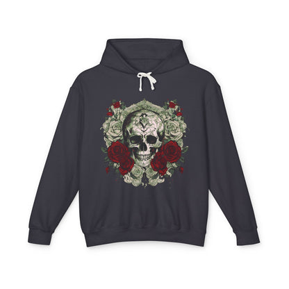 Unisex Lightweight Hooded Sweatshirt in a rich charcoal colour, adorned with a distinct skull and roses design, combining luxury with a unique statement.