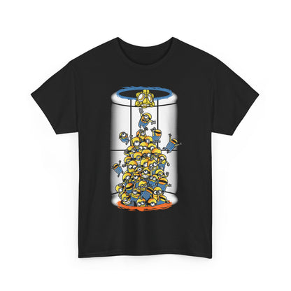Minions Portal Mashup Unisex Men’s Women’s Graphic T Shirt Tee featuring a vibrant print of Minions excitedly reaching for a dangling treasure, ideal for casual wear and Embracing your playful side. T Shirt, Funny, Minions.