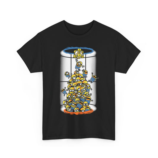 Minions Portal Mashup Unisex Men’s Women’s Graphic T Shirt Tee featuring a vibrant print of Minions excitedly reaching for a dangling treasure, ideal for casual wear and Embracing your playful side. T Shirt, Funny, Minions.