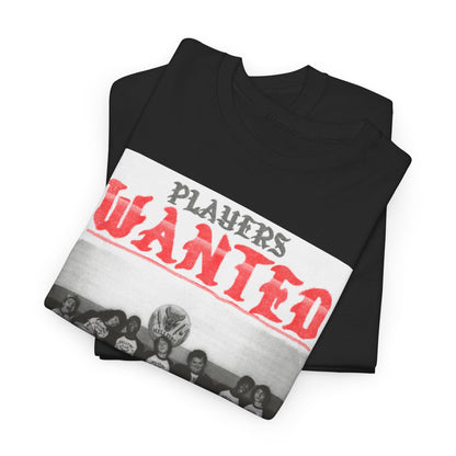 Luxurious black cotton T-shirt with a vintage-inspired 'Players Wanted' graphic, featuring the Hellfire Club logo, elegantly folded to showcase its stylish design.