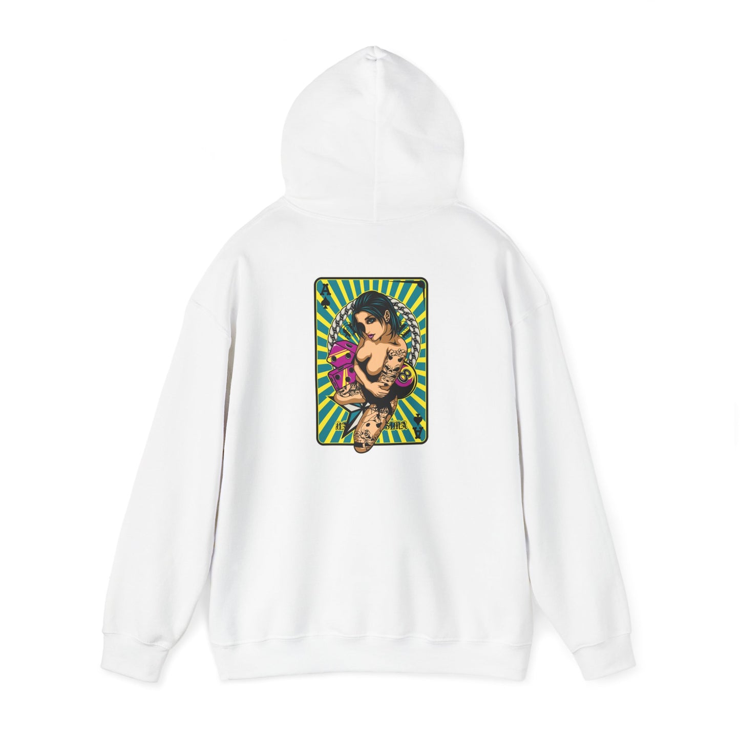 Artistic white hoodie showcasing a bold tattooed woman and vibrant playing cards design on the back, embodying luxury street art fashion.