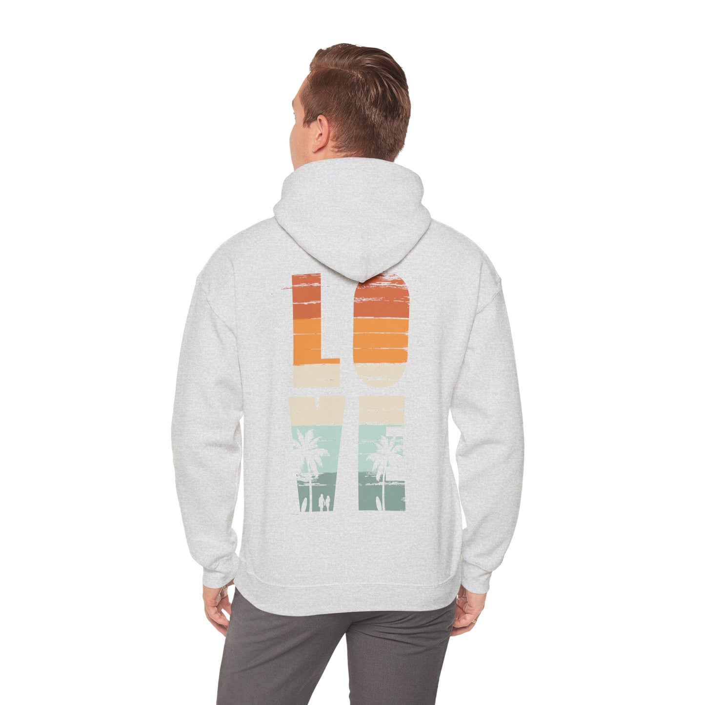 Back view of a stylish vintage love hoodie in heather grey, featuring bold sunset-inspired typography and palm tree graphics, epitomising relaxed coastal charm.