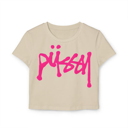Chic beige cropped t-shirt for women, adorned with a bold hot pink drip graphic, made from soft, sustainably sourced organic cotton.