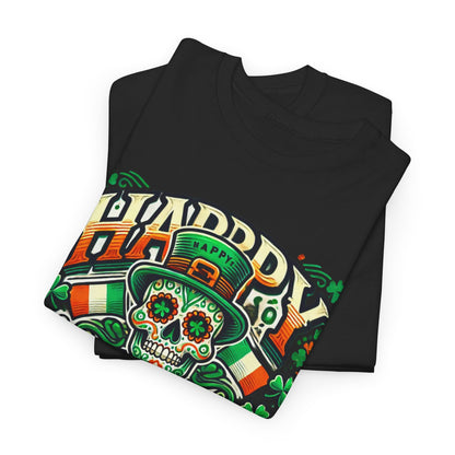 Stylish St Patricks Day unisex graphic t-shirt featuring a vibrant sugar skull design with leprechaun hat and shamrocks, perfect for festive celebrations.