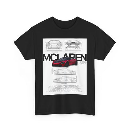 Front view of a black McLaren 720S T-Shirt displaying a premium printed design featuring car technical drawings.