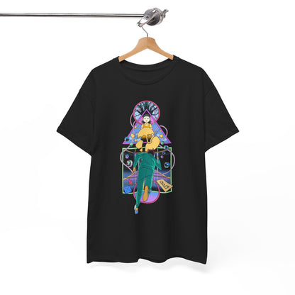 Elegant hanging black t-shirt displaying a bold Squid Game-inspired graphic, combining artistic elements and rich colours, perfect for those seeking stylish statement pieces.