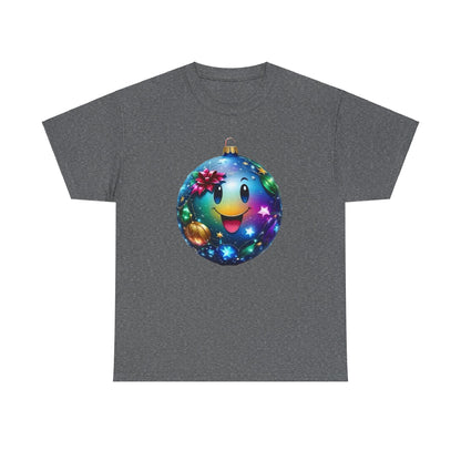 Festive Cheer Christmas Bauble Unisex Cotton T-Shirt Graphic Tee featuring a vibrant smiling ornament design, surrounded by sparkling stars on a charcoal background.