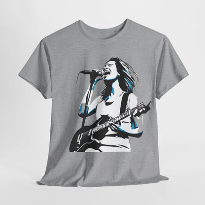 Dynamic image of a Legend of Rock Graphic T-Shirt in grey, featuring a bold graphic of a performer, ideal for showcasing urban culture.