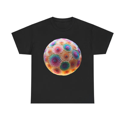 Iridescent Floral Sphere Unisex Cotton Tee Graphic T Shirt featuring a captivating, multicoloured floral sphere design on a black background, combining elegance and comfort.