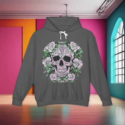 Chic Unisex Lightweight Hooded Sweatshirt in dark grey, featuring a striking skull and roses pattern, designed for the modern individual who appreciates luxury and comfort.