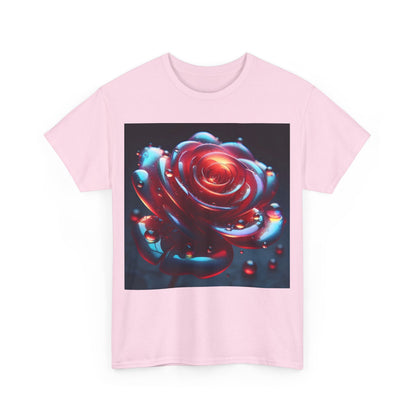 Front view of the Ethereal Rose Unisex Graphic T-Shirt, presenting an exquisite close-up of a vibrant rose illustration with iridescent effects.