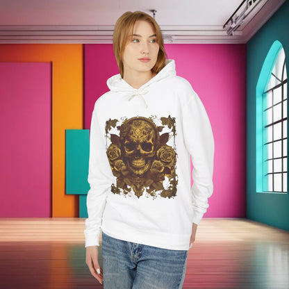 Unisex Lightweight Hooded Sweatshirt featuring a unique designer skull and roses motif, set against a vibrant interior backdrop. This stylish piece combines contemporary design with edgy flair, ideal for making a fashion statement.