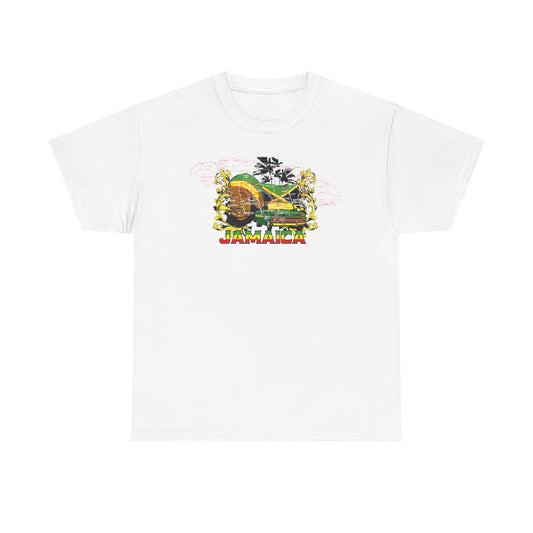 Luxurious white men's graphic t-shirt featuring a vibrant Jamaica design, showcasing a vintage green truck and tropical elements.