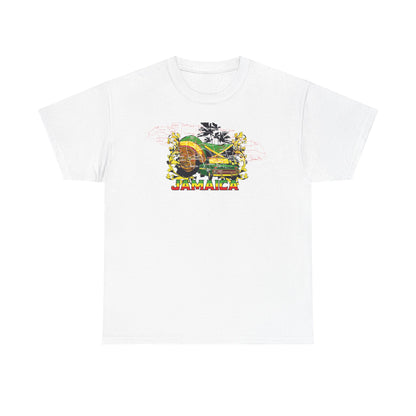 Luxury vibrant Jamaica graphic t-shirt for men in white, featuring a stunning retro design with palm trees and a vintage green truck, embodying tropical island vibes.