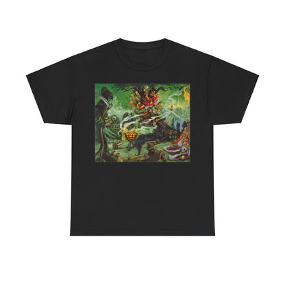 Luxury Discworld Wyrd Sisters Graphic Unisex T Shirt Tee featuring an intricate illustration of fantasy witches and magical elements.