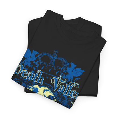 Stylishly folded black t-shirts displaying a striking gothic skull graphic and 'Death Valley' text in blue, showcasing intricate design elements for a touch of dark elegance.