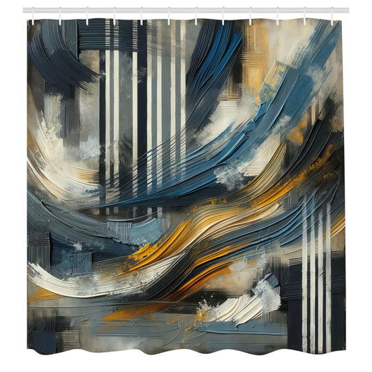 ABAKUHAUS Navy Blue Shower Curtain, Abstract Art Brushstroke, Cloth Fabric Bathroom Decor Set with Hooks, 175 x 200 cm, Orange Slate Blue Grey