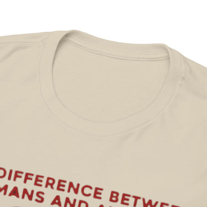 Close-up of a luxurious light beige men's t-shirt featuring bold political satire text, showcasing soft fabric and elegant neckline.