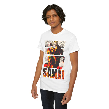 Fashion-forward model wearing the Sanji graphic tee, capturing the essence of luxury and anime-inspired design with intense visual appeal.