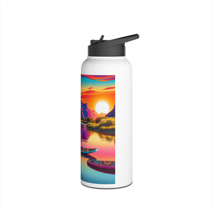 Fantasy Paddleboarding Stainless Steel Water Bottle featuring a vibrant sunset landscape, ideal for stylish hydration during outdoor adventures.