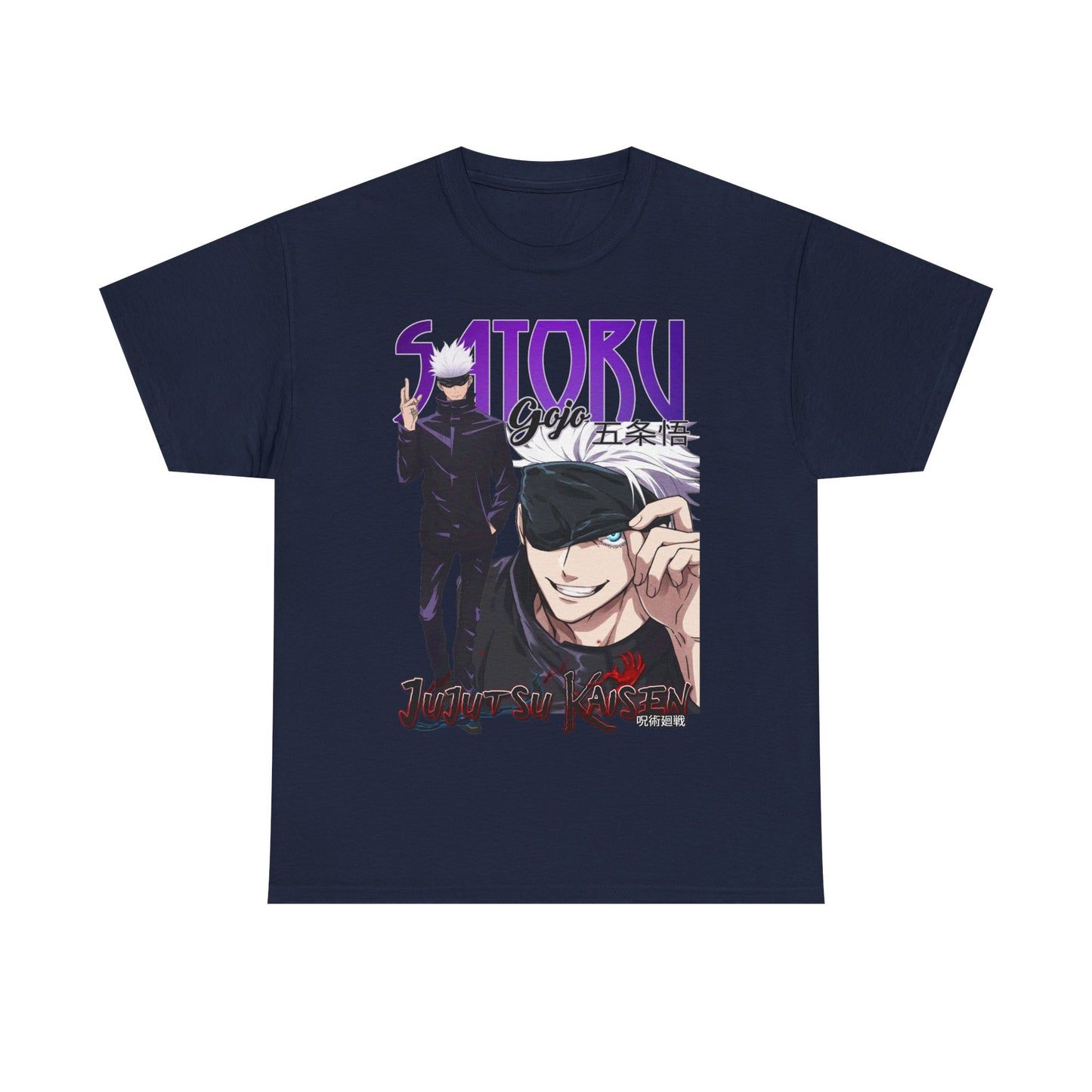 Sophisticated navy blue T-shirt highlighting detailed Gojo Satoru imagery from Jujutsu Kaisen, an exquisite addition to any anime fan's wardrobe.