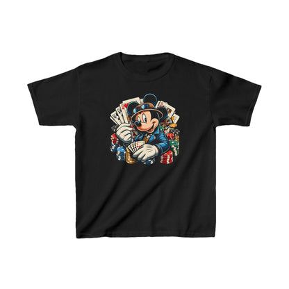 Luxury Child's Mickey Mouse Poker Unisex Graphic Tee Shirt featuring Mickey Mouse as a suave poker player with stylish attire and poker chips, perfect for young gamblers.