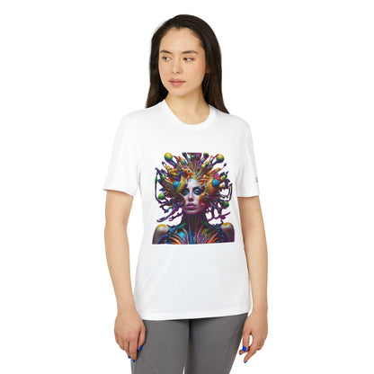 Model wearing the stunning white Adidas Unisex Halloween Lady of Pop T-shirt, adorned with a vibrant pop art graphic, ideal for standing out this Halloween.