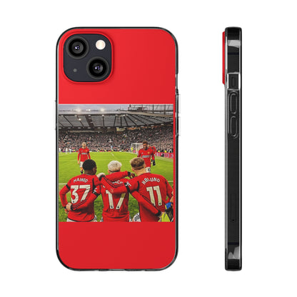 Luxury Manchester United Mainoo Garnach Hojlund Soft Phone Case displayed at an angle, featuring vibrant artwork with players celebrating on the field.