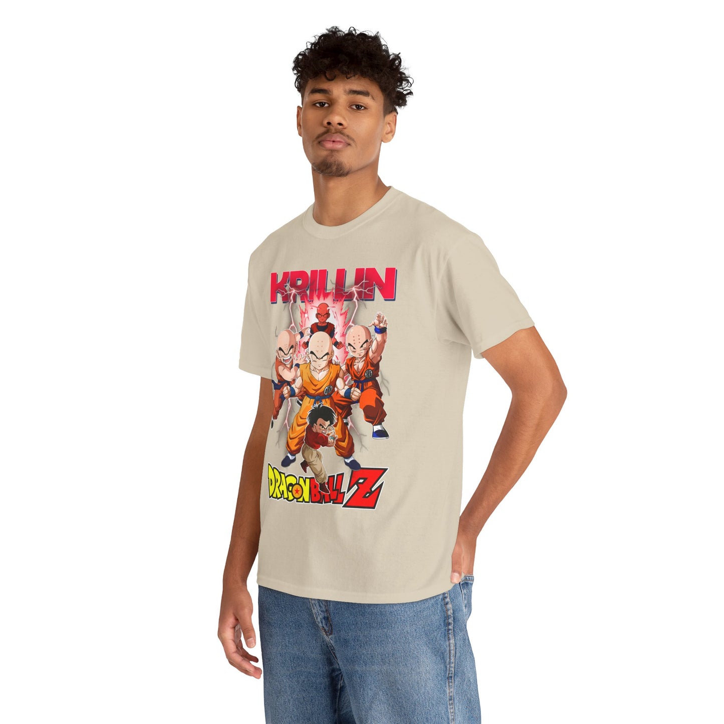 Man wearing a luxurious Dragon Ball Z T-shirt, featuring an eye-catching Krillin graphic, styled for a modern yet sophisticated look.